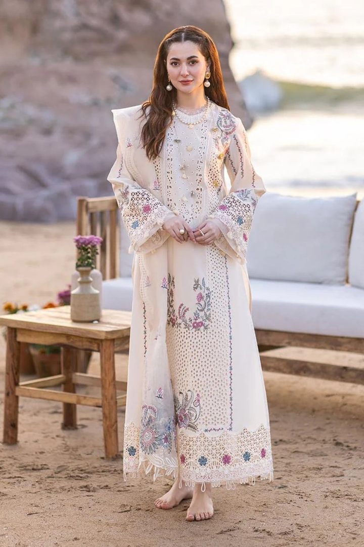 Qalamkar Off White Luxury Chikankari Embroidery Dress 3pc