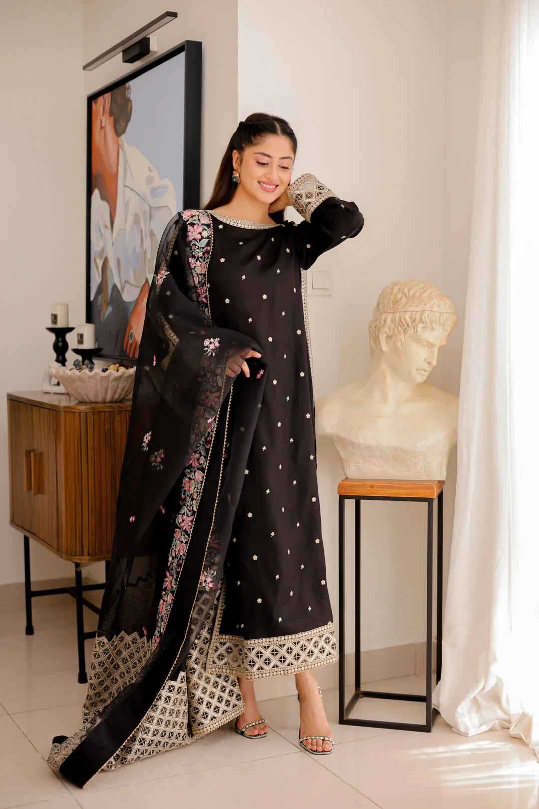 LAILA - Mehrposh 3 Piece Embroidered Suit in black cotton with intricate floral dupatta and geometric border, ideal for formal occasions.