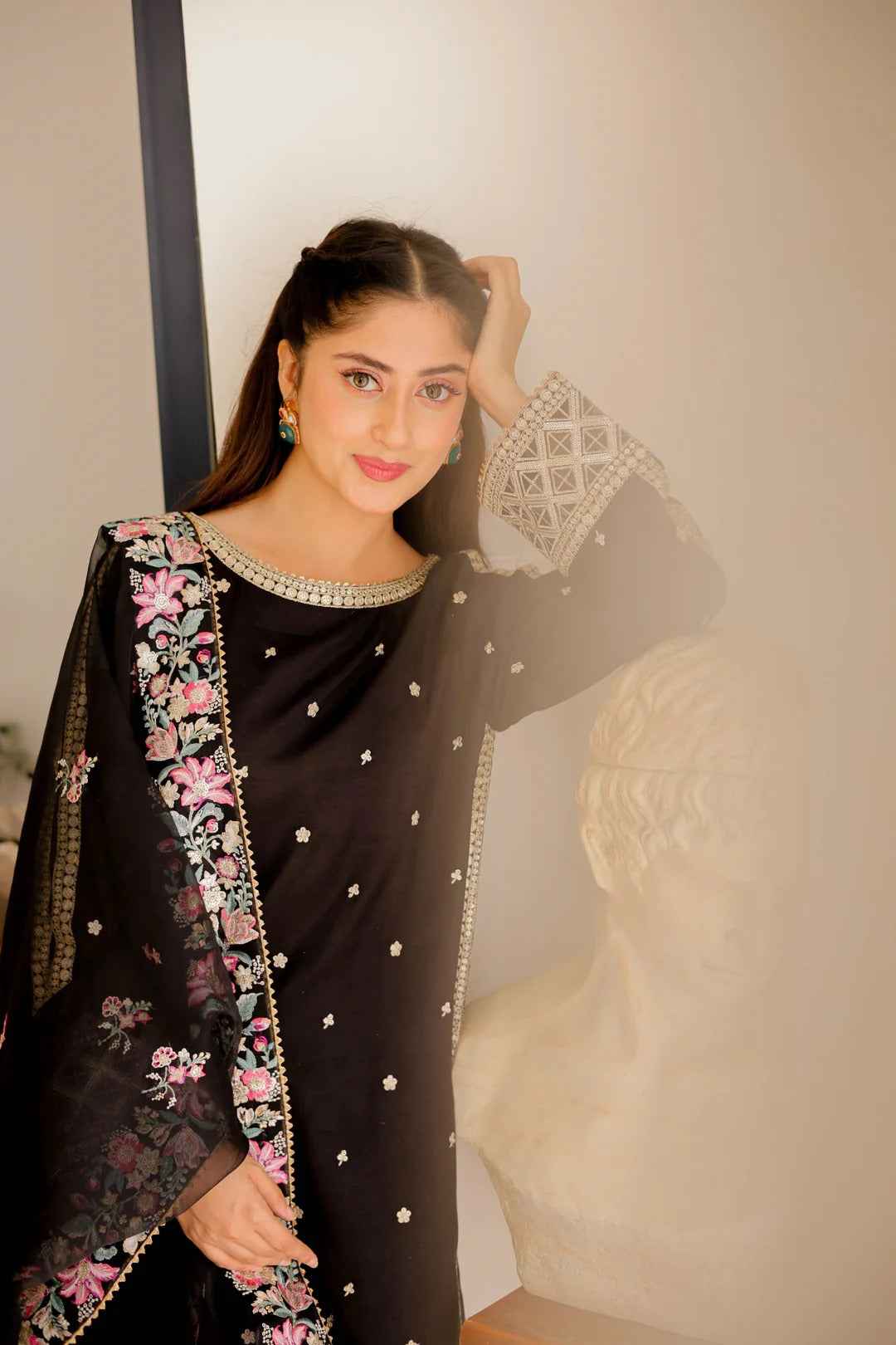 LAILA - Mehrposh 3 Piece Embroidered Suit in black cotton with floral threadwork and mirror detailing, ideal for formal and festive wear.